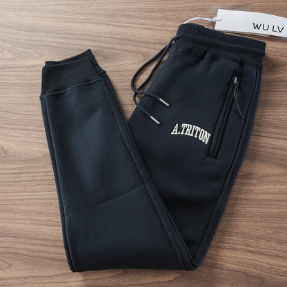 2024 Winter New American Retro Thickened Velvet Letter Printed Sweatpants Men's Simple Drawstring Sports Casual Ankle-tied Pants