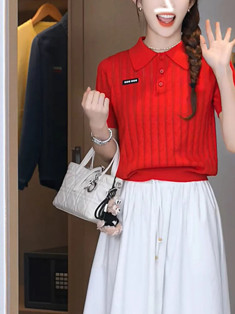 Red  Neck Knitted T-Shirt Women's Summer Style Short Sleeve White Color Loose Fit Casual Wear Polyester Blend Creative Pa...