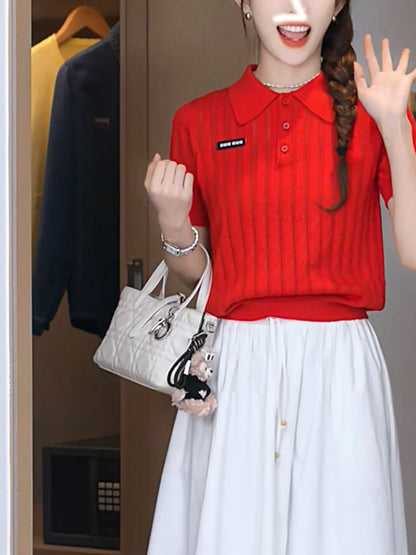 Red  Neck Knitted T-Shirt Women's Summer Style Short Sleeve White Color Loose Fit Casual Wear Polyester Blend Creative Pa...