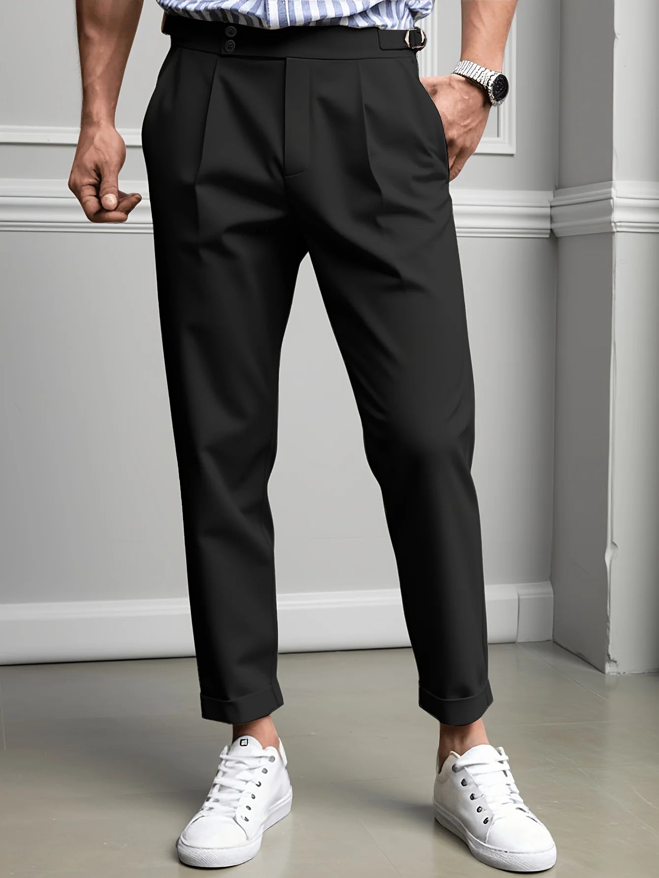 Men's Gurkha High Waist Pleated Cuffed Cropped Dress Pants Polyester Viscose Elastane Business Casual Black Beige Trousers