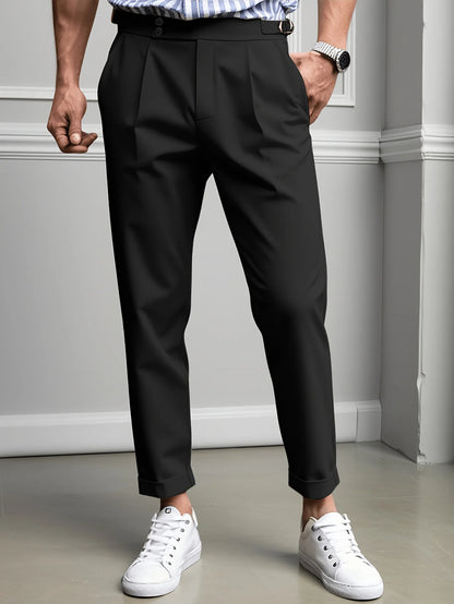 Men's Gurkha High Waist Pleated Cuffed Cropped Dress Pants Polyester Viscose Elastane Business Casual Black Beige Trousers