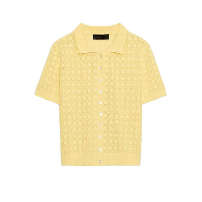 Spring Summer New Lazy Style Women's Knitted Short Sleeve  Shirt Collar Casual Outerwear Classic Pattern Loose Fit Polyes...