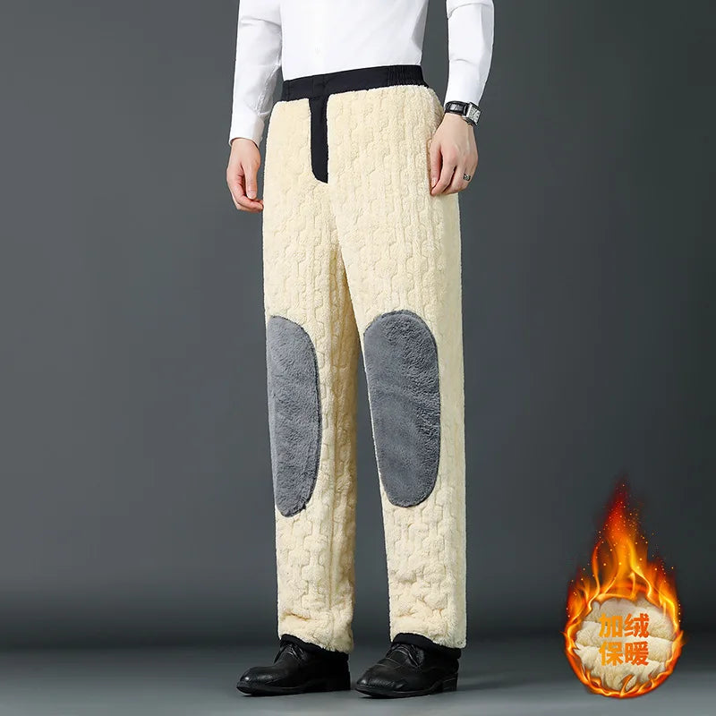 Winter Dad Pants Outdoor Cotton Pants Men Fleece Lined Thickened Casual Pants Lamb Wool Men's Warm Knee Pads Casual Pants