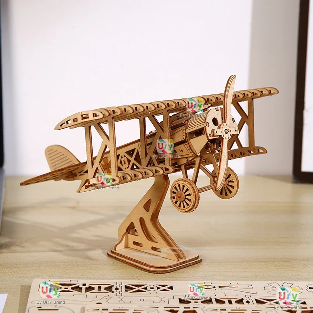 Ury 3D Wooden Puzzle Movable Retro Biplane Crane Bulldozer Handmade Assembly Truck Model DIY Toys Decoration Gift For