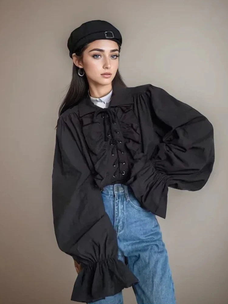 Zadily 2025 Summer Women's Lolita Ruffle Trim High Neck Shirt Lace-Up Lantern Sleeves Fitted Waist Vintage Elegant Party Blouse