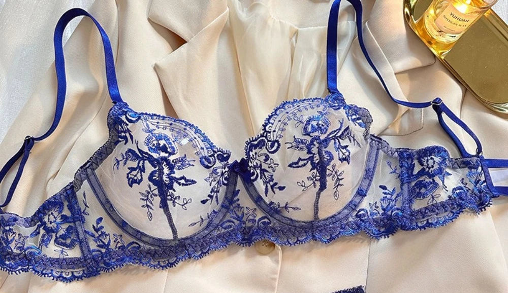 Sutiã Plus Size Cinta Renda Bordada Mesh Transparente Sexy Push Up Lingerie Pijama Sensual Copas Finas Sustentação 32-38 Bra Set