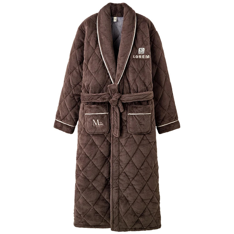 Luxury Coral Velvet 3 Layers Quilted Robes Male Thick Elegant Dressing Gown Warm Belted Bathrobe Winter Long Robe Men Bath Robe