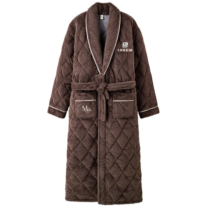 Luxury Coral Velvet 3 Layers Quilted Robes Male Thick Elegant Dressing Gown Warm Belted Bathrobe Winter Long Robe Men Bath Robe