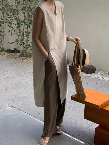 Simple Style Mid-Length V-Neck Women's Dress Knee-Covering Summer Cotton Linen A-Line Skirt Casual City Walk Dress