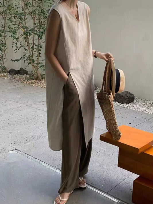 Simple Style Mid-Length V-Neck Women's Dress Knee-Covering Summer Cotton Linen A-Line Skirt Casual City Walk Dress