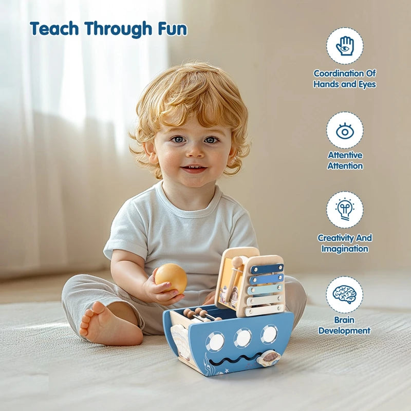 Baby Wooden Montessori Toys Cartoon Wooden Ship Multi-function Game Music Percussion Toy Sensory Educational Toys For  Newborns