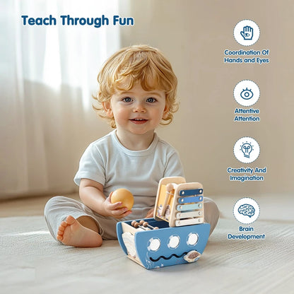Baby Wooden Montessori Toys Cartoon Wooden Ship Multi-function Game Music Percussion Toy Sensory Educational Toys For  Newborns