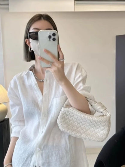 White Linen Cotton Blend Long Sleeve Shirt Women Summer Thin Loose Style Sun Protection Top Casual Commute Fashion  Collar
