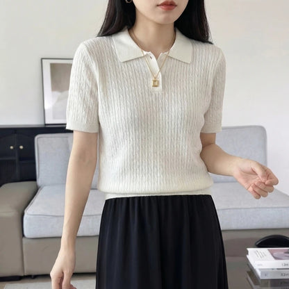 Spring Summer Breathable Pure Cotton Polo Shirt Women's Half Sleeve Loose Knitted Top Casual Versatile Summer Wear A3032122