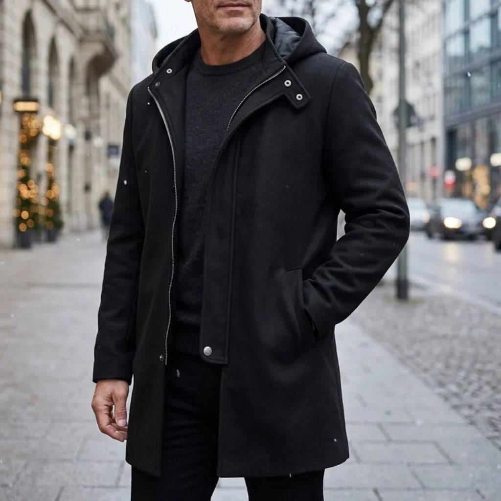 New Fall/Winter Men's Long Hooded Trench Coat | Solid Color Streetwear Style | Warm Zippered Jacket for Casual/Daily/Outoor Wear