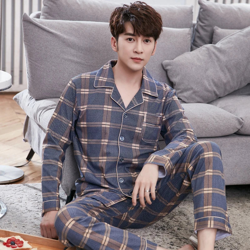Plaid Print Men's Home Set Long-Sleeve Lapel Top With Pockets And Long Pant Breathable Soft Fit Autumn Sleepwear Loungewear Pjs