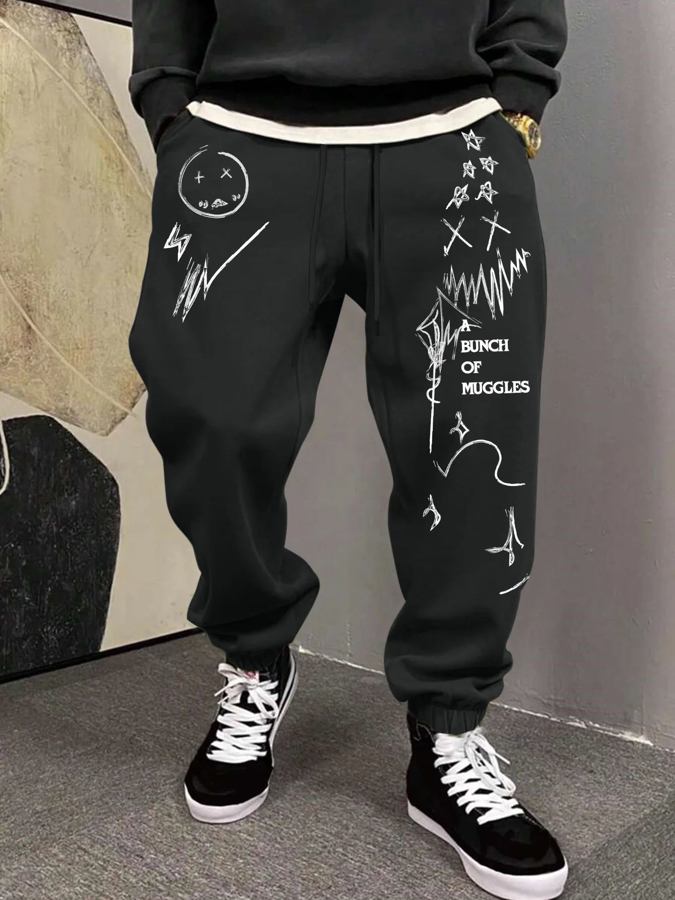 Men's Gothic Jagged Metal Font Cross Wing Las Vegas Print Sweatpants Elastic Waist Soft Dark Punk Street Hip Hop Joggers