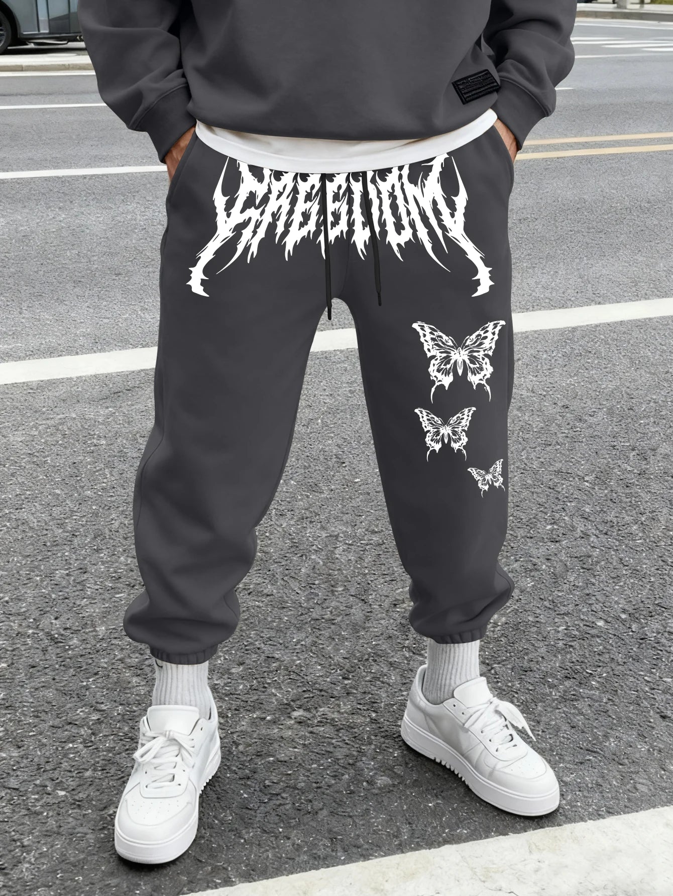 Men's Aesthetic Dark Gothic Butterfly Art Print Sweatpants Elastic Waist Joggers Cozy Goth Daily Street Fashion Bottoms