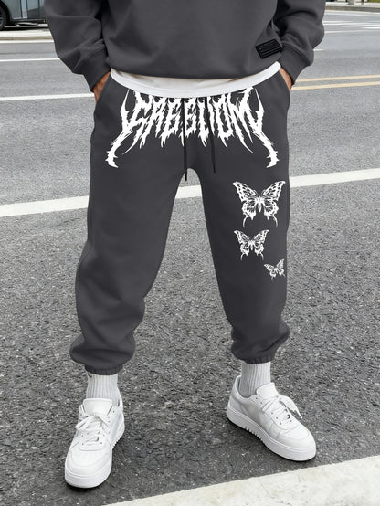 Men's Aesthetic Dark Gothic Butterfly Art Print Sweatpants Elastic Waist Joggers Cozy Goth Daily Street Fashion Bottoms