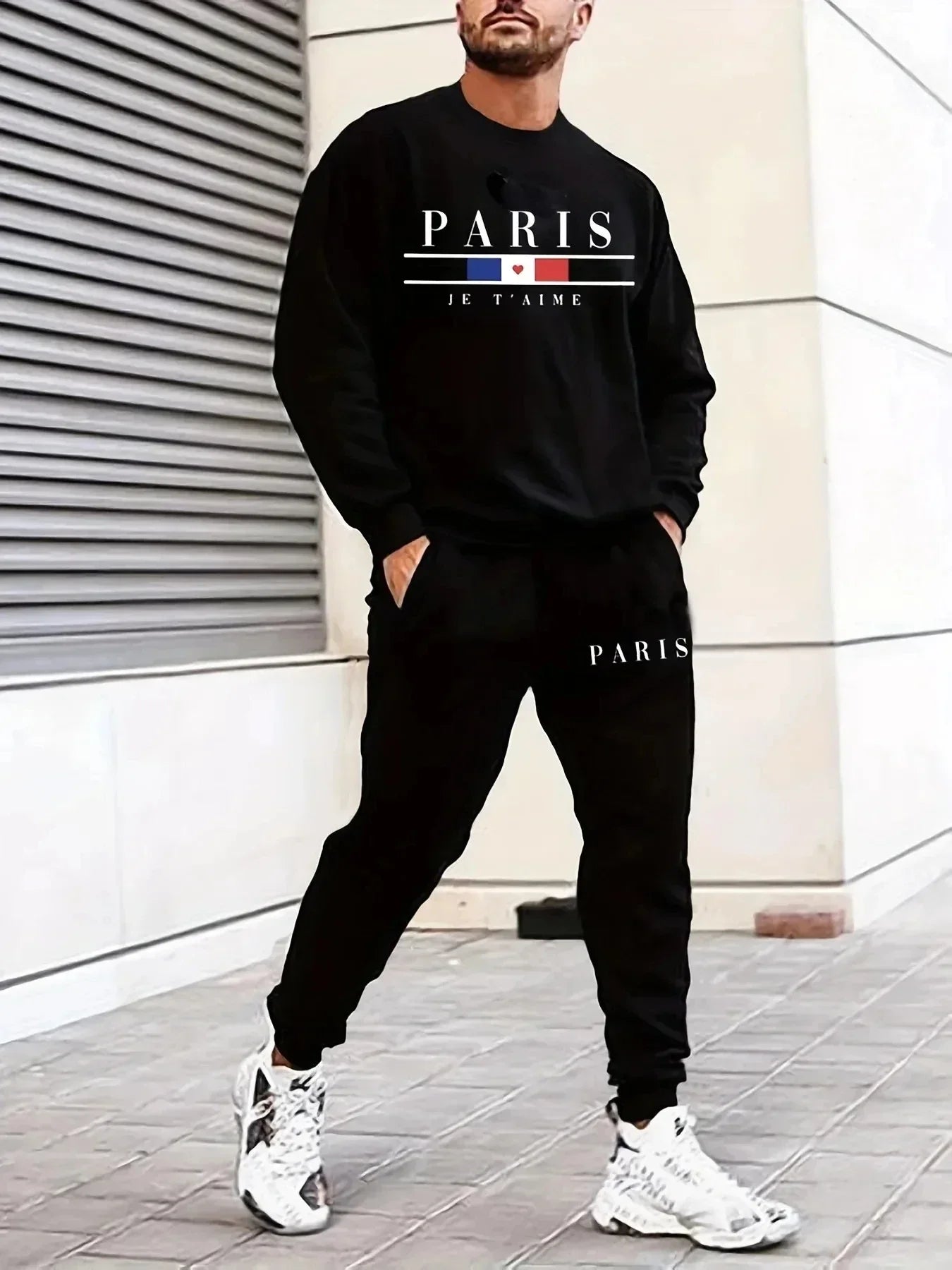 Autumn Winter 2-piece set 100_Cotton Printed Sweater round-neck sweatshirt Paris, France Print tapered pants Men's Oversized Y2K