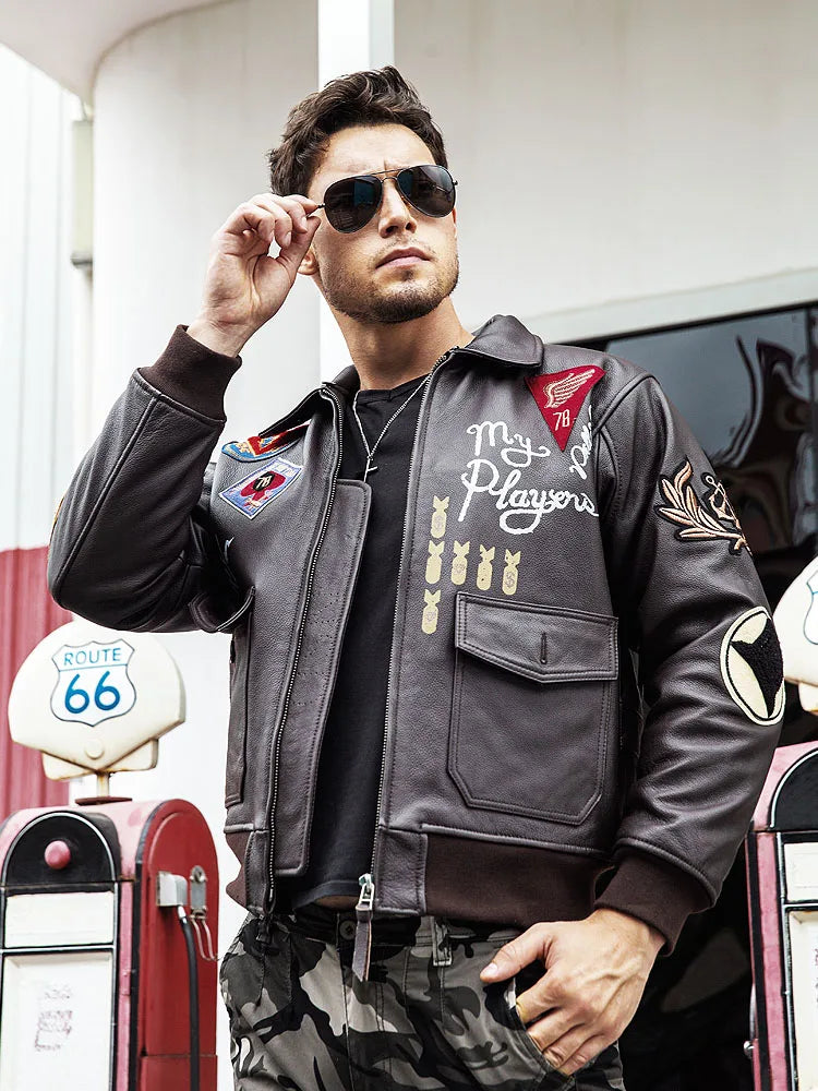 men's Retro Embroidered Leather Jacket CASUAL Loose Fit Pure Cowhide Air Force G1 Pilot Jacket with Fur Collar genuine leather