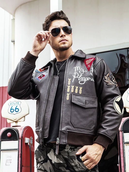 men's Retro Embroidered Leather Jacket CASUAL Loose Fit Pure Cowhide Air Force G1 Pilot Jacket with Fur Collar genuine leather