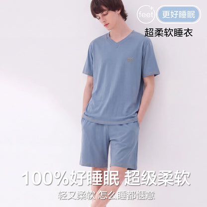 Men's Cool Modal Pajama Set - Short Sleeve Crewneck Stretch Draped Breathable L-3XL Asian Sizing Summer Loungewear for Student