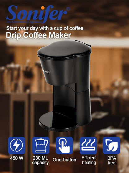 Sonifer 230ml Mini Coffee Maker SF-3593, Single Serve Drip, 450W Fast Brew, 97°C High Temp Brewing, Portable, One-Touch