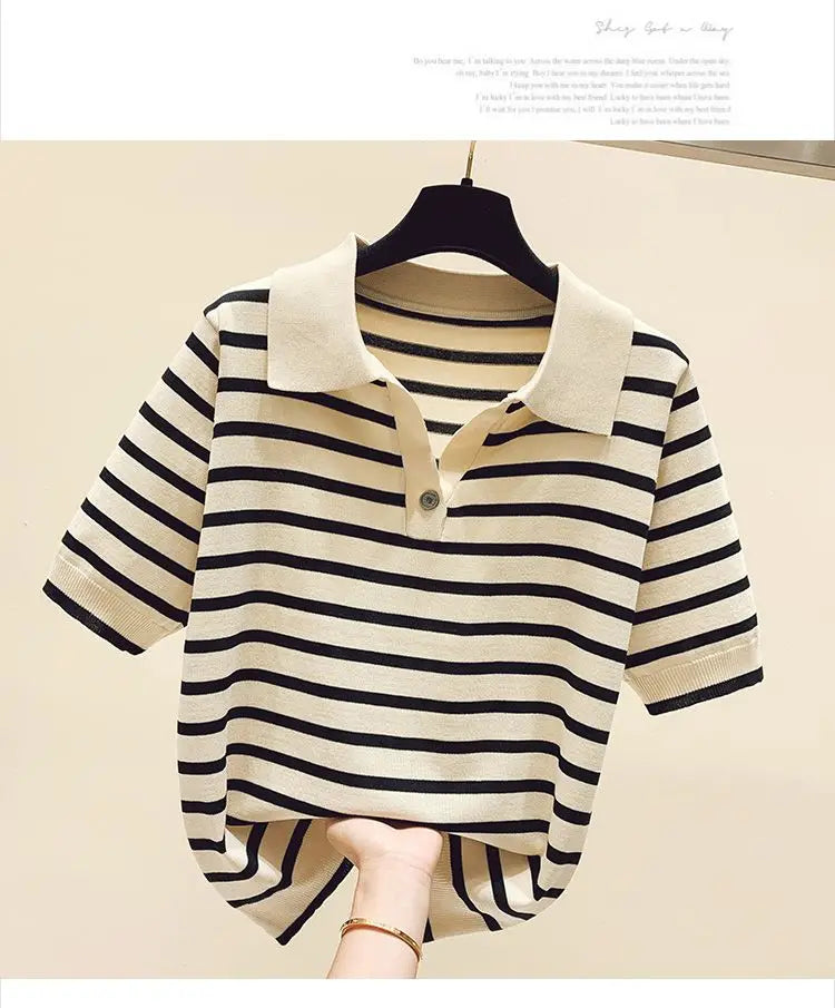 Loose Fit Ice Silk Knitted Short Sleeve T-Shirt Women's Summer Button up Top Slimming Striped  Neck Design plus Size