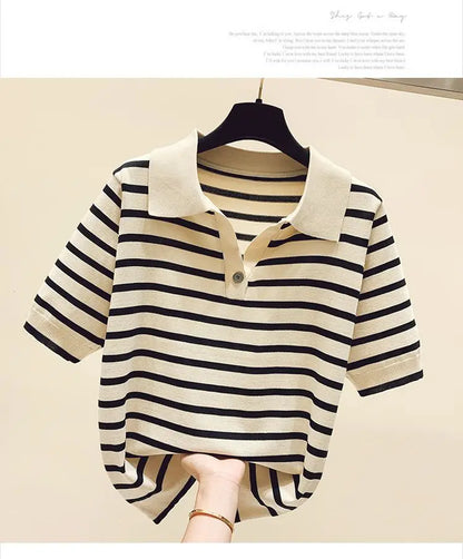 Loose Fit Ice Silk Knitted Short Sleeve T-Shirt Women's Summer Button up Top Slimming Striped  Neck Design plus Size