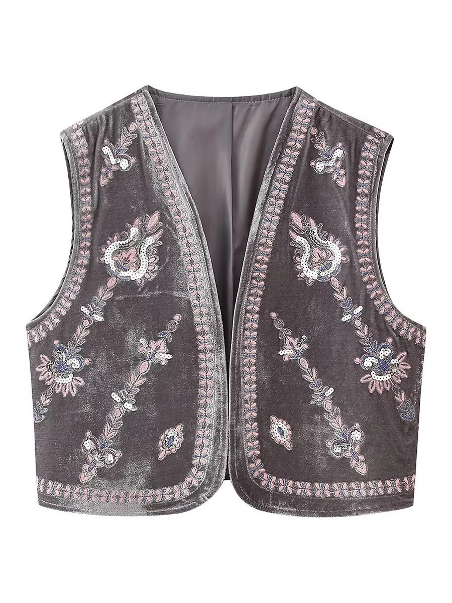Women's Vintage Floral Embroidered Vest Tops Velvet Casual Open Front Sleeveless Cardigan Waistcoat Streetwear 2024 Autumn