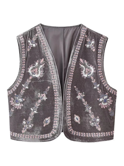 Women's Vintage Floral Embroidered Vest Tops Velvet Casual Open Front Sleeveless Cardigan Waistcoat Streetwear 2024 Autumn