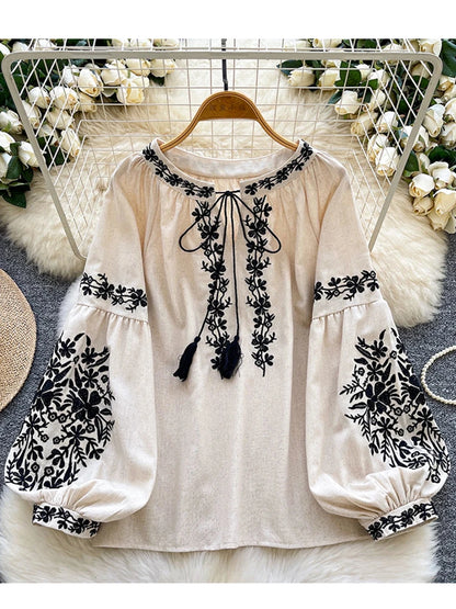Women Bohemian Blouse Embroidered Lace Up V- Neck Lantern Sleeve Blouse Autumn Embroidery Linen-cotton Blend Female Top D78
