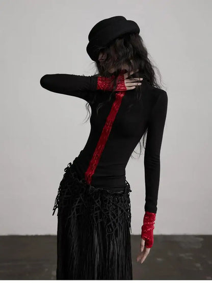 Erwofeina Gothic Patchwork Women's T-shirt Black Long Sleeve Turtleneck Slim 2000s Clothes Y2k Tees Female Clothing Autumn Tops