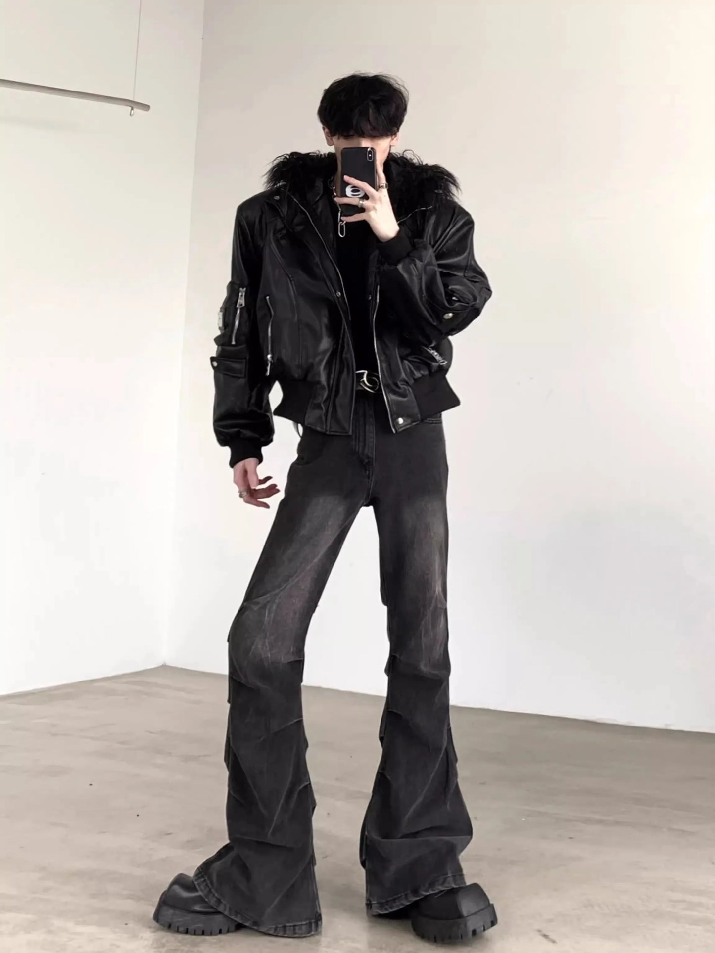 Mauroicardi Spring Autumn Cool Short Oversized Black Warm Pu Leather Jacket Men with Faux Fur Trim Hood Luxury Designer Clothes