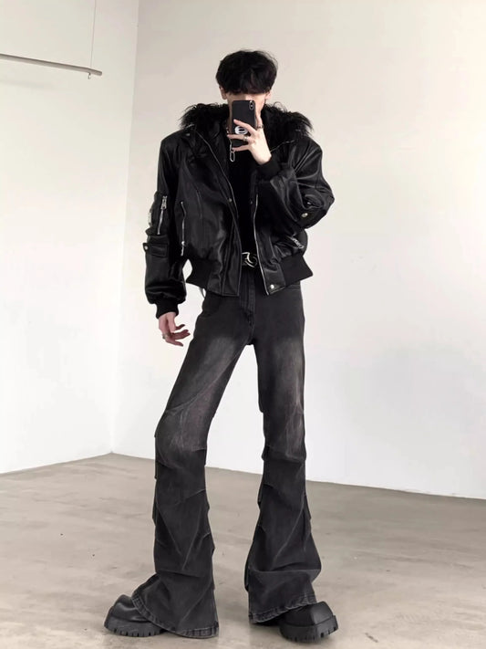 Mauroicardi Spring Autumn Cool Short Oversized Black Warm Pu Leather Jacket Men with Faux Fur Trim Hood Luxury Designer Clothes