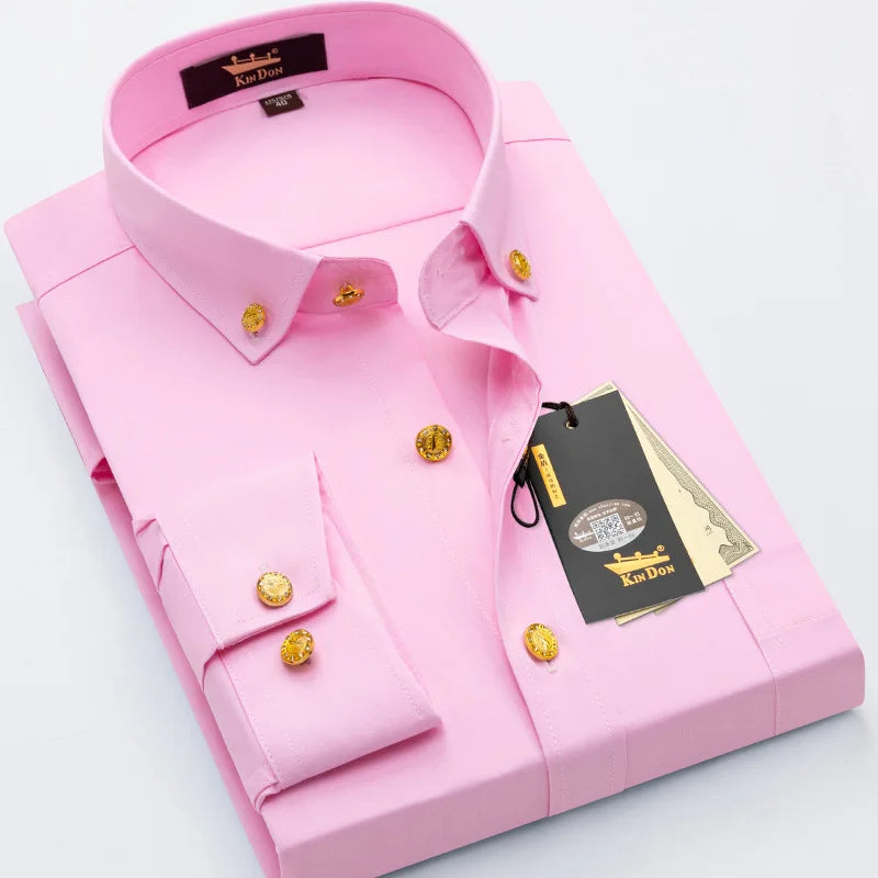 2026 Spring/Autumn New Men's Luxury Brass Button Long Sleeve Business Casual Shirt Ironing Resistant Office Work Shirts as Gift