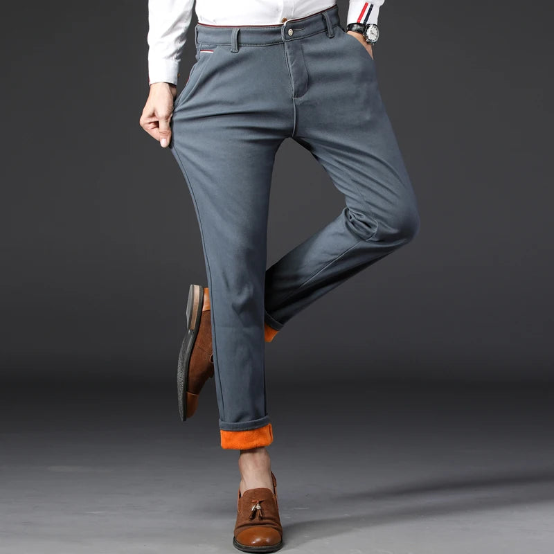 Men Winter Snow Warm Thermal Pants Straight Leg Cool Loose Pants Thicken Fleece Long Korean Business Blue Gray Khaki Trousers