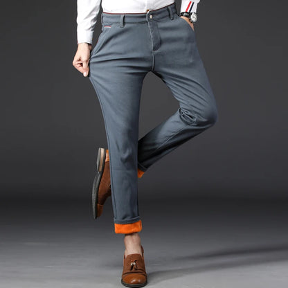 Men Winter Snow Warm Thermal Pants Straight Leg Cool Loose Pants Thicken Fleece Long Korean Business Blue Gray Khaki Trousers