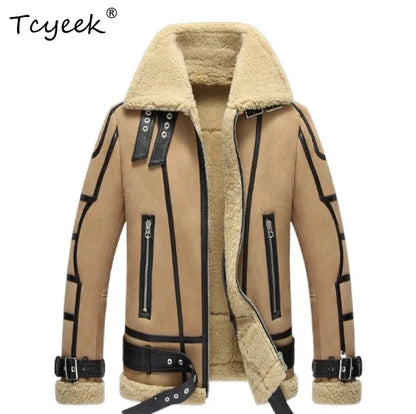 Tcyeek Real Leather Jacket Men Winter Clothes Natural Sheepskin Fur Mens Coats Warm Lamb Wool Motocycle Jackets Куртка Мужская