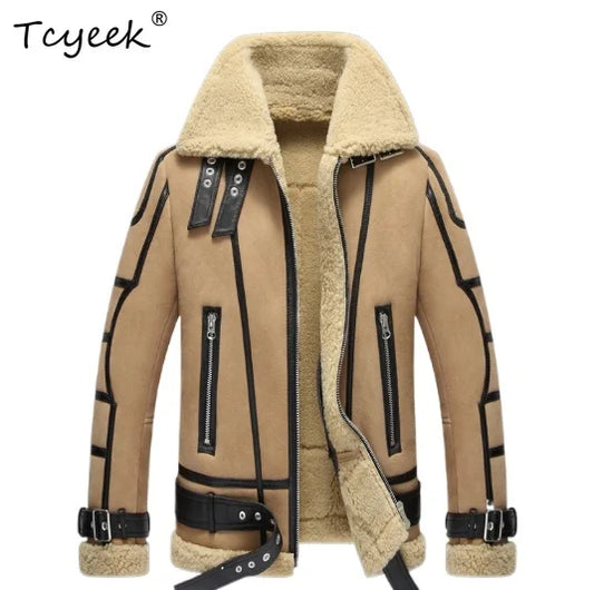 Tcyeek Real Leather Jacket Men Winter Clothes Natural Sheepskin Fur Mens Coats Warm Lamb Wool Motocycle Jackets Куртка Мужская