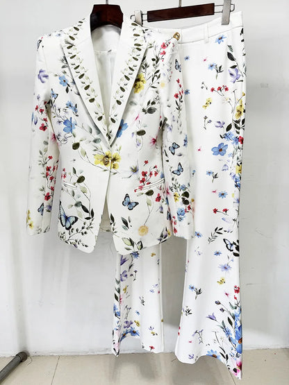 HIGH STREET Newest 2026 Designer Runway Suit Set Women's Brilliant Digital Printed Jacket Flare Pants Suit 2pcs