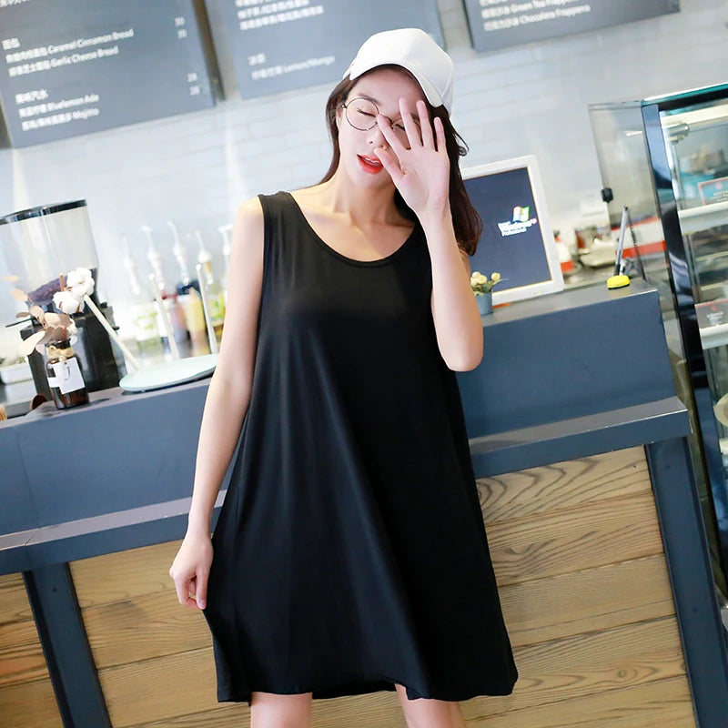 Loose Modal Summer Dr Women's Vest Dr plus Size Large 200 Pou Wearable Base Layer Korean Sle round Ne Midi Dr
