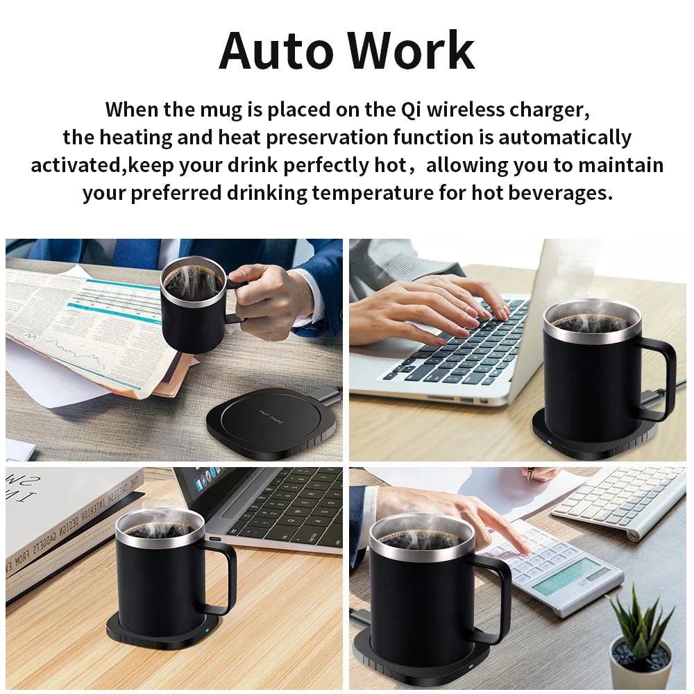 2 IN 1 Coffee Mug Warmer and Wireless Charger with Cup and Lid 55℃/131℉ Intelligent Constant Temperature 10.5oz