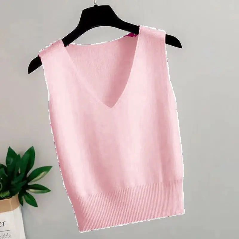 Women's Summer V-Neck Tank Top: Breathable, Waist-Defining Short-Sleeved Knit Top with Ice-Silk Spandex Lining for Outerwear