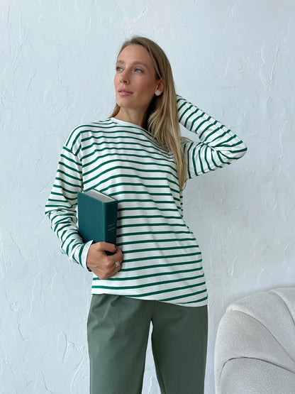 Bornladies 2025 Summer Long Sleeve Striped T-Shirts Women Basic Casual Tops Female Cozy Loose Cotton Tees Harajuku T Shirt New