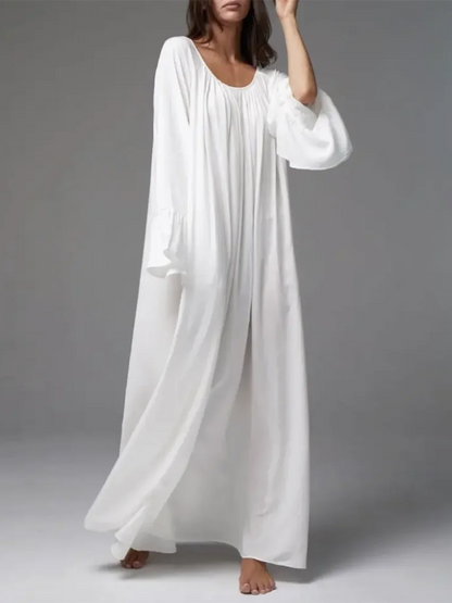Parc Fee Casual Loose White Women Dress 2025 Elegant U-Neck Long Sleeve Floor-Length Dresses Simple Oversize Solid Female Dress