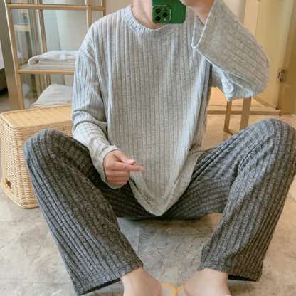 Grey Knitted Fleece Lined Long Sleeve Sleepwear Set for Men Autumn Winter Warm Home Clothes Set Large Size Comfortable Leisure