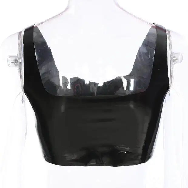 Sexy Fashionable U-neck High-quality Patent Leather Vest Summer Top T-shirt for Women