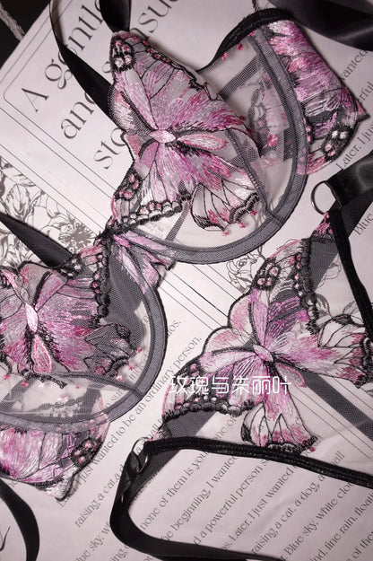 Ultra-Thin Sexy Lace Sheer Lingerie Set For Women French Butterfly Embroidery Push Up Bra Soft Underwire Support Date Night Wear